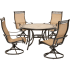 Hanover Monaco 5-Piece Aluminum Framed Outdoor Dining Set with Umbrella Compatible Round Stone Tabletop and Swivel Rocking Sling Chairs Cedar