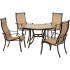 Hanover Monaco 5-Piece Aluminum Framed Outdoor Dining Set with Sling Arm Chairs and Umbrella Compatible Round Stone Tabletop and Arm Chairs Cedar