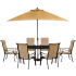 Hanover Brigantine 7-Piece Aluminum Framed Outdoor Dining Set with Rectangular Glass Tabletop, Umbrella, and Textaline Fabric Arm Chairs Bronze / Harvest Wheat