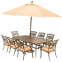 Hanover Traditions Nine Piece Aluminum Framed Polyester Outdoor Dining Set with Umbrella Tan