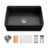 Houzer Aspire 30" Farmhouse Single Basin Fireclay Kitchen Sink with Basin Rack, Basket Strainer and Cutting Board Black