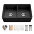 Houzer Aspire 33" Farmhouse Double Basin Fireclay Kitchen Sink with Basin Rack, Basket Strainer and Cutting Board Black