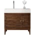 James Martin Vanities Linear 36" Single Basin Walnut Wood Vanity Set with Glossy White Solid Surface Vanity Top Mid Century Walnut