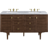 James Martin Vanities Amberly 60" Free Standing or Wall Mounted Double Basin Rubberwood Vanity Set with 3cm Carrara White Natural Stone Vanity Top and Rectangular Sinks Mid-Century Walnut