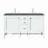 James Martin Vanities Addison 60" Double Basin Wood Vanity Set with 3cm Parisien Bleu Silestone Quartz Vanity Top, Rectangular Sinks, USB Port and Electrical Outlet Glossy White