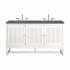 James Martin Vanities Athens 60" Double Basin Poplar Wood Vanity Set with 3cm Parisien Bleu Silestone Quartz Vanity Top, Rectangular Sinks, USB Port and Electrical Outlet Glossy White
