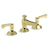 Kallista Bellis 1.2 GPM Widespread Bathroom Faucet with Traditional Spout, Lever Handles, and Pop-Up Drain Assembly Unlacquered Brass