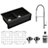 Karran USA Quartz QA 34" Farmhouse Double Basin Quartz Composite Kitchen Sink with Single Hole 1.8 GPM Kitchen Faucet, Basin Rack, and Basket Strainer Black / Stainless Steel