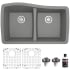 Karran USA Quartz QU 33-1/2" Undermount Double Basin Quartz Composite Kitchen Sink with Basin Rack and Basket Strainer Grey