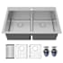 Karran USA Fusion 33" Drop In Double Basin Stainless Steel Kitchen Sink with Basin Rack and Basket Strainer Satin Brushed