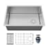 Karran USA Fusion 27" Undermount Single Basin Stainless Steel Kitchen Sink with Basin Rack and Basket Strainer Satin Brushed