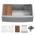Karran USA Elite Workstation 36" Farmhouse Single Basin Stainless Steel Kitchen Sink with Basin Rack, Basket Strainer and Cutting Board Satin Brushed