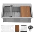 Karran USA Elite Workstation 33" Drop In Single Basin Stainless Steel Kitchen Sink with Basin Rack, Basket Strainer and Cutting Board Satin Brushed