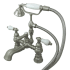 Kingston Brass Vintage Deck Mounted Clawfoot Tub Filler with Personal Hand Shower and Porcelain Lever Handles Brushed Nickel