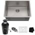 Kraus Standart PRO 23" Undermount Single Basin Stainless Steel Kitchen Sink with Basin Rack, Basket Strainer, Garbage Disposal, and NoiseDefend Technology Stainless Steel