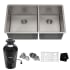 Kraus Standart PRO 32-3/4" Undermount Double Basin Stainless Steel Kitchen Sink with Basin Rack, Basket Strainer, and Garbage Disposal Stainless Steel