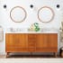 Signature Hardware Novak 72" Freestanding Teak Double Basin Vanity Set with Cabinet, Vanity Top, and Oval Undermount Sinks - 8" Faucet Holes Teak / Carrara Marble