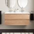 Signature Hardware Kiah 48" Wall-Mount Double Basin Vanity Set with Cabinet, Ceramic Vanity Top, and Integrated Rectangular Undermount Sink - Single Faucet Hole Desert Oak