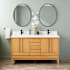 Signature Hardware Sybill 60" Freestanding Teak Double Basin Vanity Set with Cabinet, Vanity Top, and Rectangular Porcelain Sink - Double Faucet Holes Natural Teak / Arctic White