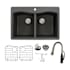 Transolid Aversa 33" Drop In Double Basin Granite Kitchen Sink with Basin Rack and Basket Strainer Black