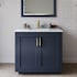 Wyndham Collection Miranda 36" Free Standing Single Basin Vanity Set with Cabinet, Marble Vanity Top, and Framed Mirror Dark Blue / White Carrara Marble Top / Brushed Gold Hardware