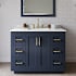 Wyndham Collection Miranda 42" Free Standing Single Basin Vanity Set with Cabinet, Quartz Vanity Top, and Framed Mirror Dark Blue / Giotto Quartz Top / Brushed Gold Hardware