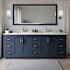 Wyndham Collection Miranda 84" Free Standing Double Basin Vanity Set with Cabinet, Quartz Vanity Top, and Framed Mirror Dark Blue / Giotto Quartz Top / Brushed Gold Hardware