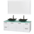 Glossy White Vanity with Green Glass Top and Arista Black Granite Sinks