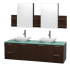 Espresso Vanity with Green Glass Top and Arista White Carrera Marble Sinks