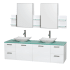 Glossy White Vanity with Green Glass Top and Arista White Carrera Marble Sinks