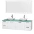 Glossy White Vanity with Green Glass Top and Arista White Carrera Marble Sinks
