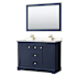 Wyndham Collection Avery 48" Free Standing Double Basin Vanity Set with Cabinet, Cultured Marble Vanity Top, and Framed Mirror Dark Blue / Carrara Cultured Marble Top / Brushed Gold Hardware