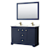 Wyndham Collection Avery 48" Free Standing Double Basin Vanity Set with Cabinet, Quartz Vanity Top, and Framed Mirror Dark Blue / Giotto Quartz Top / Brushed Gold Hardware