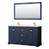 Wyndham Collection Avery 60" Free Standing Double Basin Vanity Set with Cabinet, Cultured Marble Vanity Top, and Framed Mirror Dark Blue / Carrara Cultured Marble Top / Brushed Gold Hardware