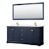 Wyndham Collection Avery 72" Free Standing Double Basin Vanity Set with Cabinet, Cultured Marble Vanity Top, and Framed Mirror Dark Blue / Carrara Cultured Marble Top / Brushed Gold Hardware