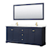 Wyndham Collection Avery 80" Free Standing Double Basin Vanity Set with Cabinet, Quartz Vanity Top, and Framed Mirror Dark Blue / Giotto Quartz Top / Brushed Gold Hardware