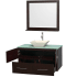 Open Vanity View with Green Glass Top, Vessel Sink, and 36" Mirror