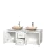 Open Vanity View with White Carrera Marble Top and Vessel Sinks