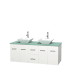 Full Vanity View with Green Glass Top and Vessel Sinks