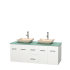 Full Vanity View with Green Glass Top and Vessel Sinks