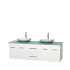 Full Vanity View with Green Glass Top and Vessel Sinks