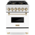 ZLINE Autograph Edition 24 Inch Wide 2.8 Cu. Ft. Free Standing Dual Fuel Range with Brass Burners, Gold Accents, and White Matte Door Stainless Steel / White Matte