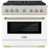 ZLINE Autograph Edition 36 Inch Wide 5.2 Cu. Ft. Free Standing Fingerprint Resistant Gas Range with Polished Gold Accents, White Matte Door, and Italian-Made Sealed Burners Stainless Steel / White Matte
