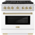 ZLINE Autograph Edition 36 Inch Wide 5.2 Cu. Ft. Free Standing Gas Range with Italian-Made Sealed Burners, Polished Gold Accents, and White Matte Door Stainless Steel / White Matte