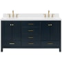 Ariel Cambridge 67" Free Standing Double Oval Basin Vanity Set with Cabinet and 1-1/2" Thick White Quartz Vanity Top Midnight Blue