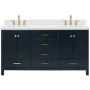 Ariel Cambridge 67" Free Standing Double Rectangular Basin Vanity Set with Cabinet and 1-1/2" Thick White Quartz Vanity Top Midnight Blue