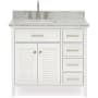 Ariel Kensington 37" Free Standing Single Rectangular Basin Vanity Set with Left Offset Cabinet and 3/4" Thick Carrara Marble Vanity Top White
