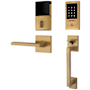 Baldwin Minneapolis Z-Wave Left Handed Sectional Electronic Keyless Entry Handleset with 5162 Interior Lever from the Estate Collection Satin Brass and Brown