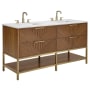 BEMMA Diamond 60" Free Standing Double Basin Vanity Set with Cabinet and Vanity Top Walnut / White Quartz Top / Satin Brass Hardware