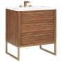 BEMMA Markham 30" Free Standing Single Basin Vanity Set with Cabinet and Vanity Top Walnut / Calacatta Quartz Top / Satin Brass Hardware